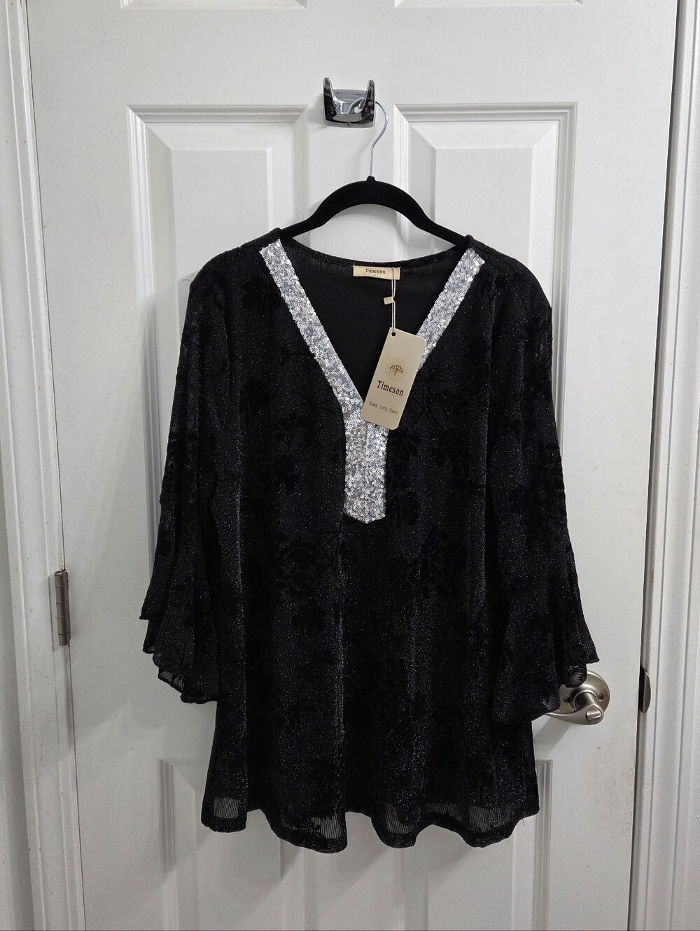 Timeson Black V-Neck Sequin Trim Women's Top